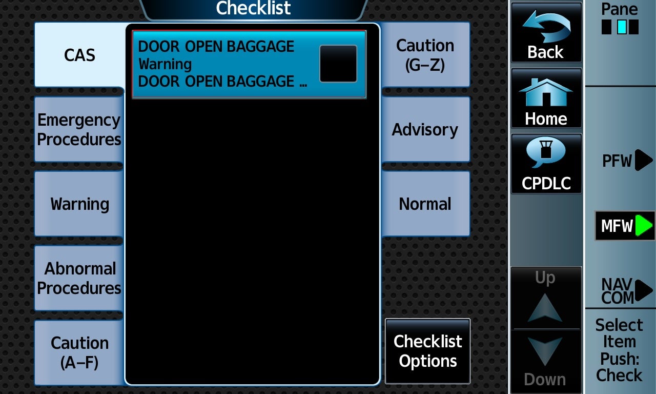 Alerts-linked checklist on vision jet, baggage door open 